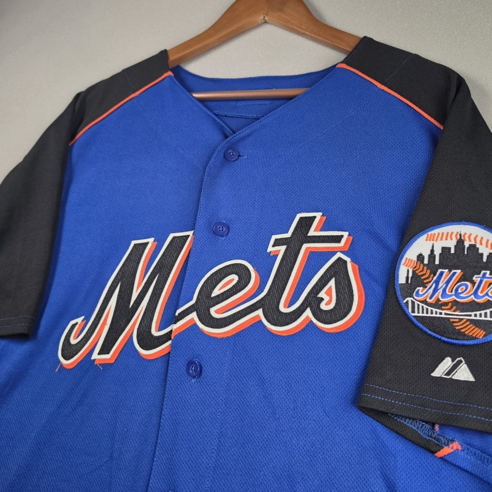 Majestic MLB New York Mets Baseball Jersey Mens 46 Blue Black Button Front Shirt